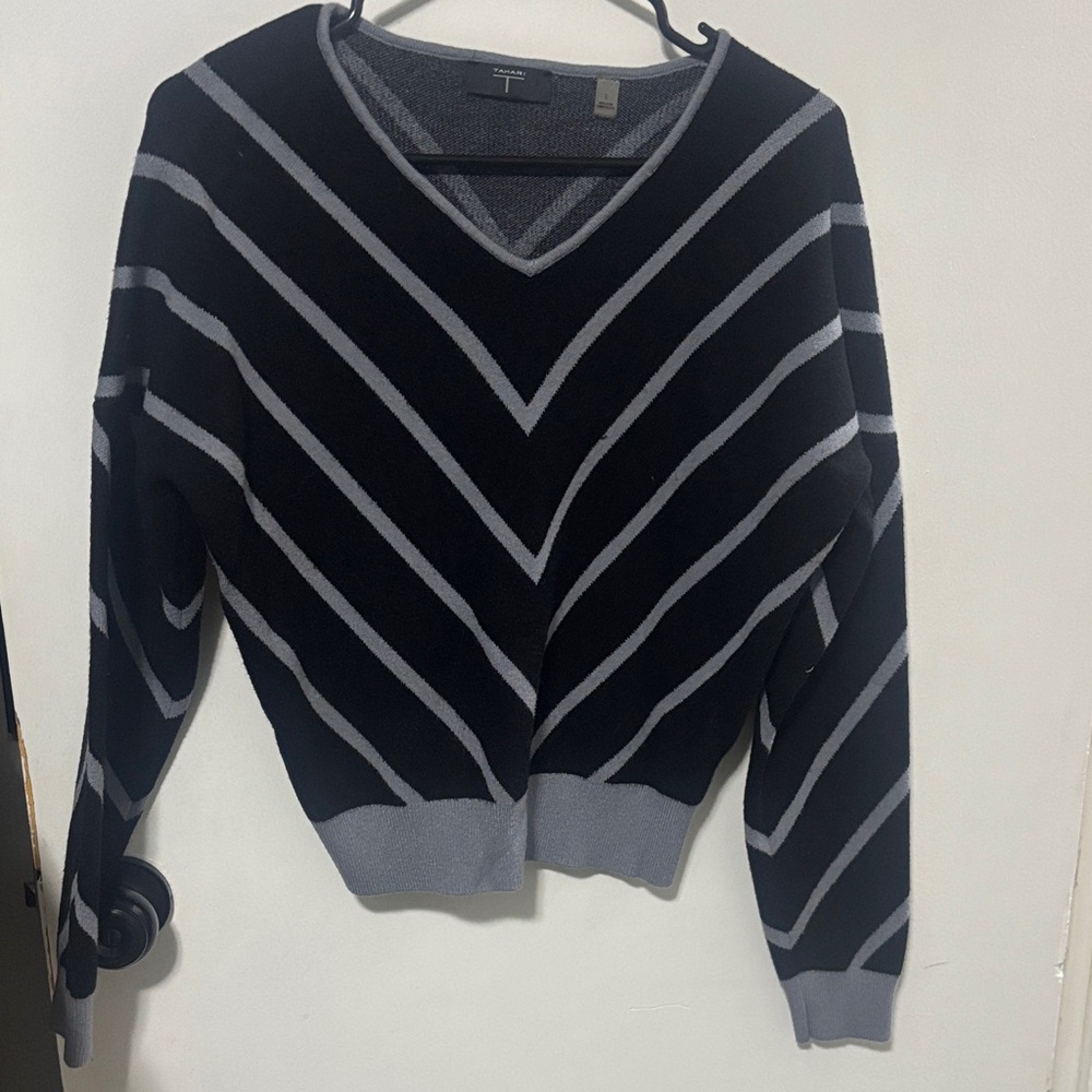 Tahari Black and Gray Chevron V-Neck Sweater